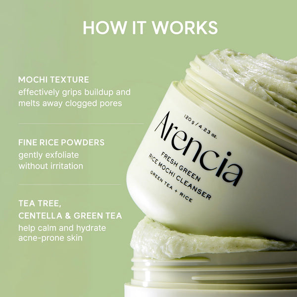 Arencia Fresh Green Rice Mochi Cleanser, Gentle Daily Cleanser for Acne-Prone